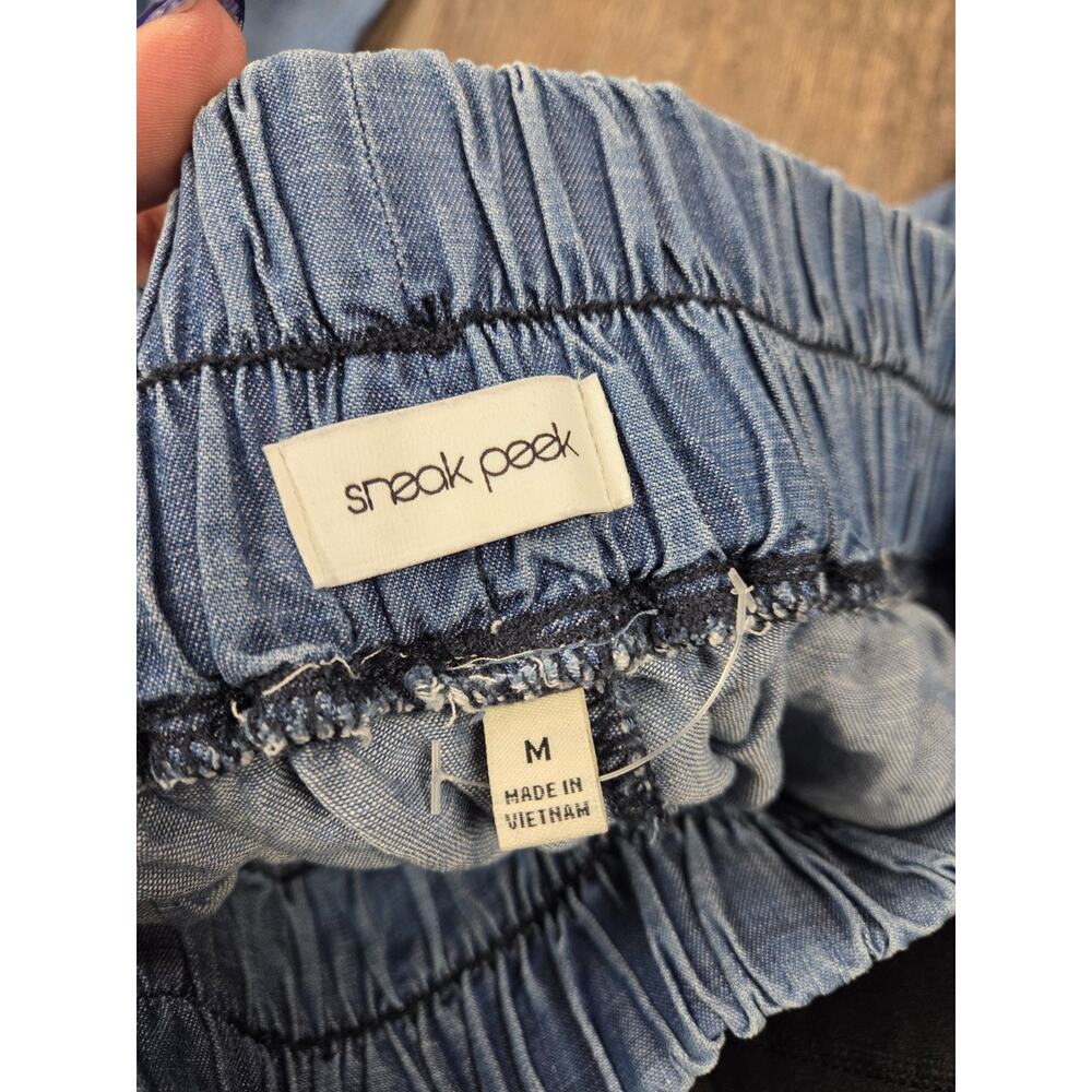 Sneak Peek Medium Elastic Belted Waist Wide Leg Chambray Denim Pants Medium - Picture 2 of 4
